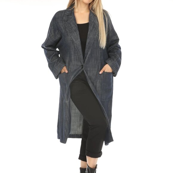 Denim Blue 100% Cotton Trench Coat - Picture 3 of 6